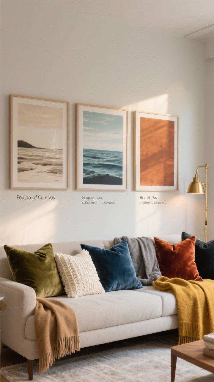 Photorealistic wide shot of a living room anchored by a coherent color story pulled from wall art: three styled vignettes demonstrating “Foolproof Combos” on one long sofa. Left seat: Earthy Calm—camel throw, olive velvet pillows, cream knit accent. Center: Coastal Cool—slate blue velvet pillows, stone gray throw, white textured pillow. Right: Bold But Cozy—rust velvet pillows, mustard throw, charcoal accent. Subtle brass hardware in a floor lamp echoing warm velvet sheen; balanced, focused palette, late-day warm light.