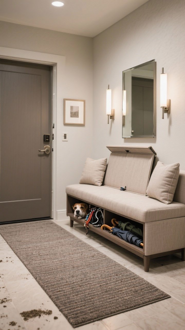 Photorealistic wide shot of an upholstered flip-top bench with hidden storage in a serene entry; performance fabric (crypton or stain-resistant polyester) in a soft neutral, hinged top slightly ajar revealing neatly stored pet leashes and umbrellas; a long washable runner-style mat leading from the door across the floor to prevent dirt trails; above a mirror, two slim sconces or a picture light casting a soft glow; tone-on-tone cushions for a hotel-lobby calm; overall cozy-meets-practical mood; no people.