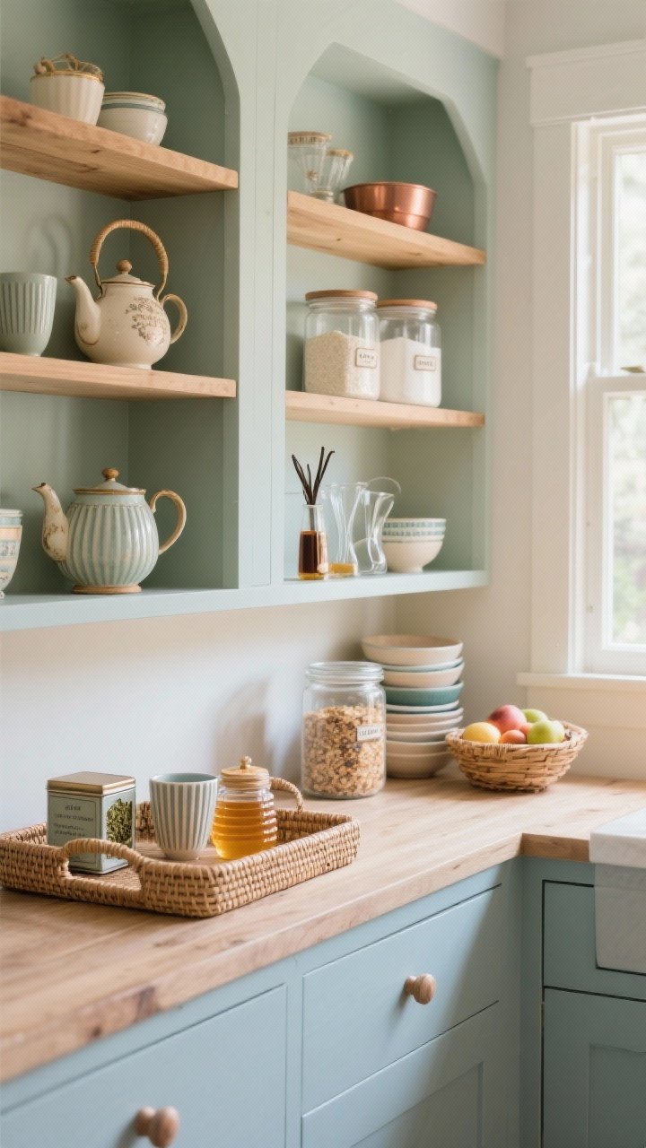Photorealistic wide shot of open shelving organized into little ritual stations: left section as a tea nook with a vintage teapot, ribbed mugs, honey jar, and a tin of loose-leaf corralled on a shallow woven tray; middle baking corner with labeled glass canisters of flour and sugar, measuring cups, and vanilla extract; right breakfast perch with cereal jars, a stack of bowls, and a small basket of fruit; cohesive palette of creams, sage, muted blues, warm woods, and a touch of copper; bright but soft natural daylight from a nearby window, clean straight-on composition showing all stations clearly