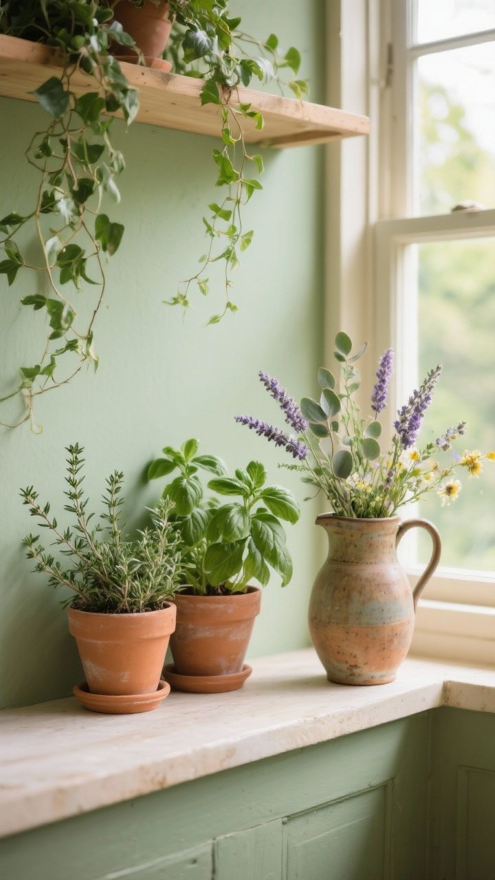 Photorealistic windowsill and shelf vignette: potted thyme, rosemary, and basil in simple terracotta next to a vintage pitcher used as a vase for loose wildflowers or eucalyptus/dried lavender; trailing ivy draping from an upper shelf; bright natural daylight from a sunny window; earthy green tones with natural clay and cream accents; no people.