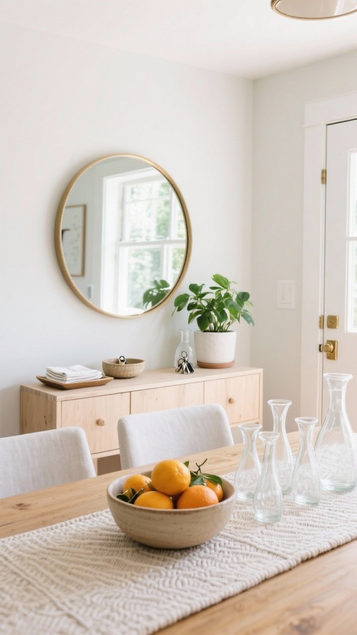 Split-scene style medium shot focusing on entry and dining refresh moments: Entry—round mirror above a light wood console with a ceramic catchall bowl for keys, a flatweave runner in a soft pattern, and a small potted green plant; Dining—lightweight linen runner on a wood table with a simple centerpiece of a low, wide bowl filled with seasonal citrus and a cluster of clear bud vases; include a tray with everyday napkins and a glass carafe; subtle hardware swap on the console to brushed brass; bright, welcoming natural light, clean and functional composition, straight-on perspective