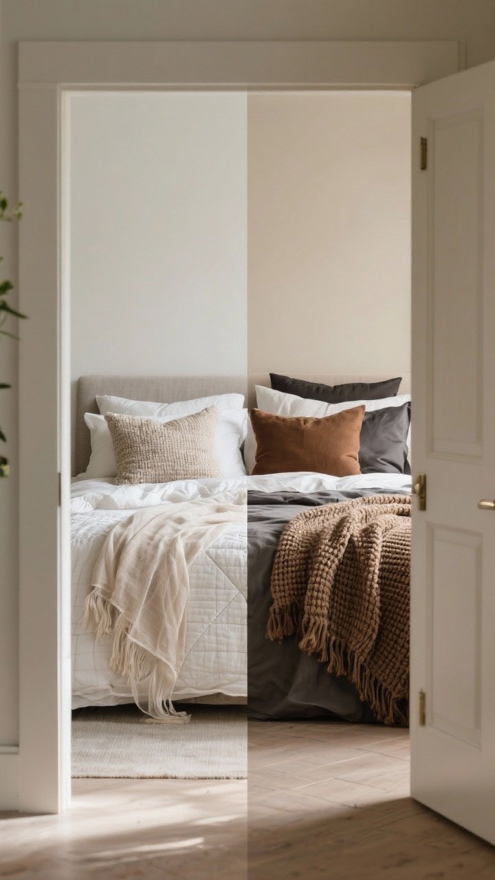 Split-season medium shot from a doorway angle showing easy swaps: left side styled spring/summer with a linen duvet cover, lightweight quilt, airy gauze throw in pale neutrals (ivory, stone, sand); right side styled fall/winter with sateen or brushed cotton duvet, chunky knit throw, and deeper tones (mushroom, charcoal, cocoa); a couple of pillow covers swapped—slub linen for summer, boucle for winter; clear, natural lighting for the summer side versus slightly moodier, warmer light for the winter side.
