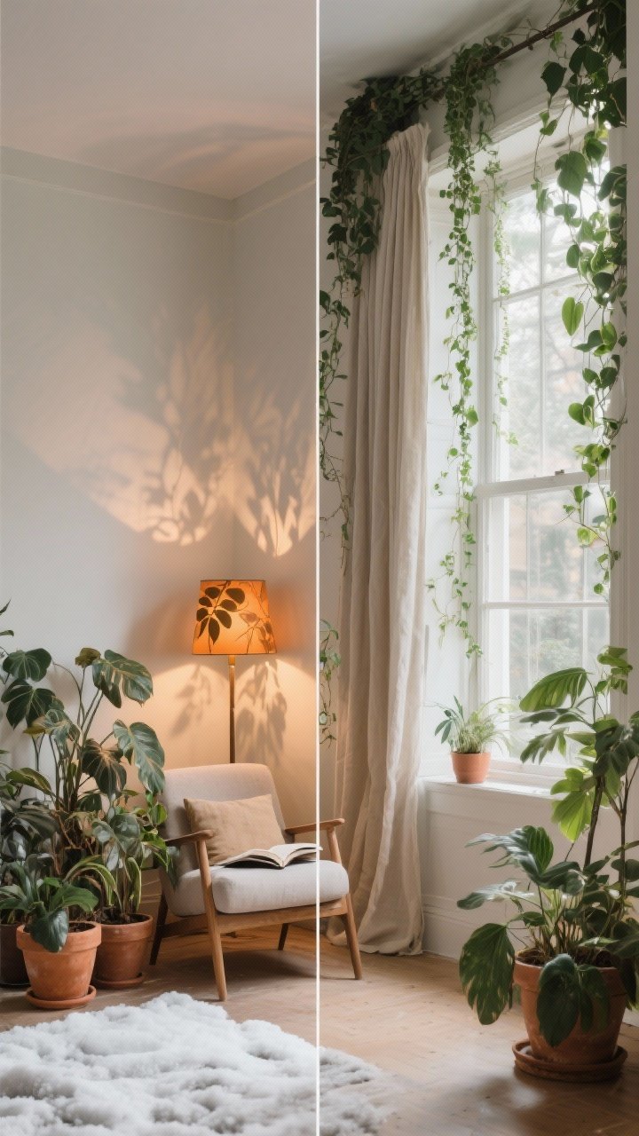 Split-season styling, wide shot of the same corner transformed: left side shows winter—clustered plants near a reading chair with warm-toned pots, amber-shaded lamp casting magical leaf shadows; right side shows summer—the same space opened up with trailing plants pulled higher, windows open, light linen curtains, brighter, airier feel; consistent neutral palette, no drafts near plants, photorealistic.