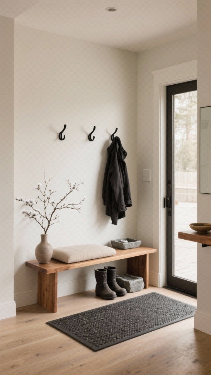 Straight-on entryway: Quiet, functional entry ritual—a simple wood bench with a slim neutral cushion, a single row of matte black hooks with one coat, a low-profile stone tray or rubber mat for boots, and a small dish as a catchall on a minimal shelf; add a narrow runner and a small winter branch in a vase; clean, warm, uncluttered, photorealistic.