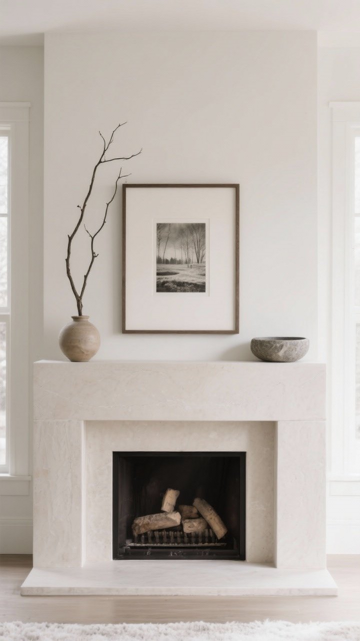 Straight-on mantel shot: A disciplined minimal mantel with one large centered framed print as the anchor, complemented by a tall branch in a ceramic vase and a single stone bowl; at least one-third of the mantel surface left empty to emphasize negative space; soft winter daylight, neutral palette, photorealistic.