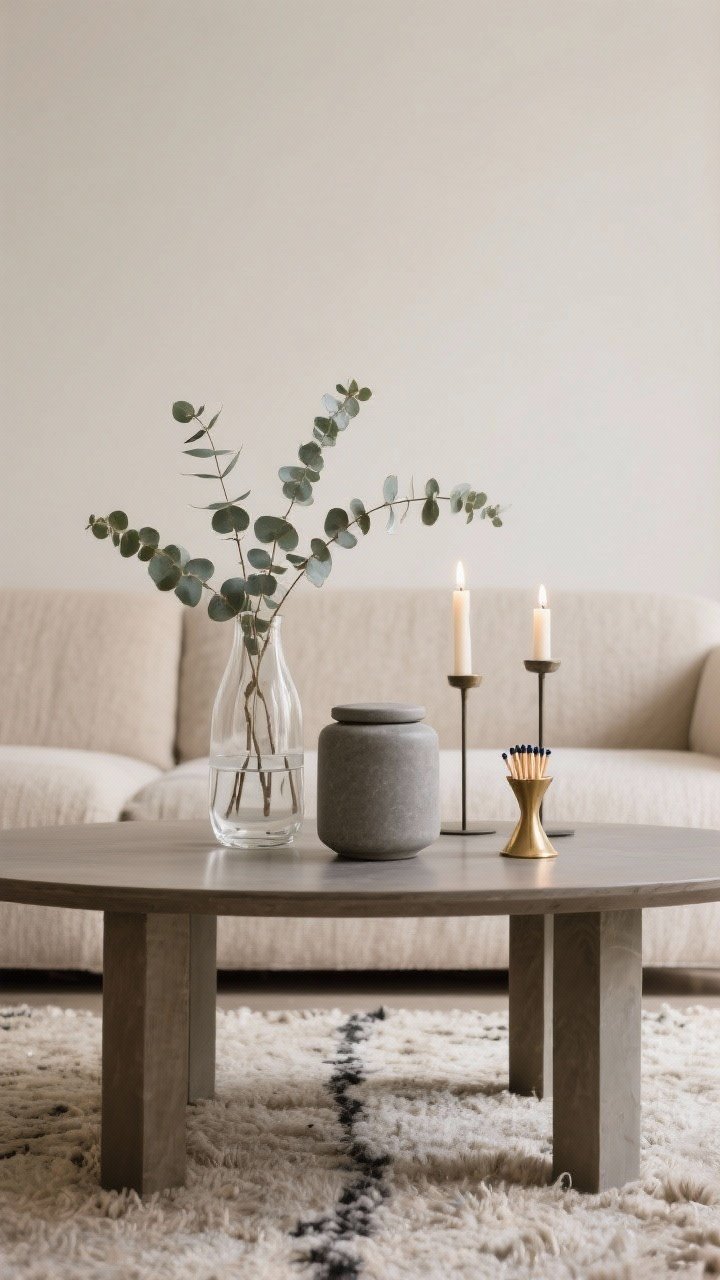Straight-on medium shot applying the rule of three on the coffee table: small-medium-tall grouping within a single zone. Tall element: a clear glass vase with airy eucalyptus stems, under 10–12 inches. Medium: a matte stone-gray lidded jar. Small: a sculptural brass match striker. If table is large, show a second trio at the far end echoing the proportions. Neutral hygge setting with soft beige sofa, nubby wool rug, candlelit warmth; varied heights guide the eye.