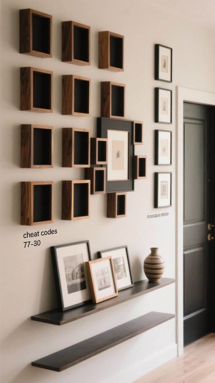 Straight-on medium shot illustrating four layout “cheat codes” on one wall segment: left area shows a 3x3 grid of same-size frames perfectly aligned; center shows an organic cluster built around a slightly off-center largest piece with 2–3 inch spacing; right side features a vertical column of four frames beside a door; below, two picture ledges form a shelf stack with overlapping frames and a small ceramic vase breaking the lineup; hang heights centered around 57–60 inches; neutral wall, mixed black and warm wood frames; balanced, natural lighting.