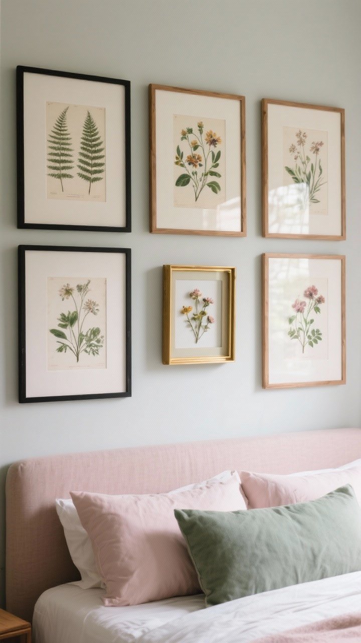 Straight-on medium shot of a calming botanical gallery wall above a headboard: vintage fern studies and floral nature illustrations in slim black, oak, and brass frames, arranged two inches apart in a cohesive grid; subjects consistent (all florals); a small floating frame with real pressed flowers catches the light; muted room palette with blush and sage accents; serene, diffused daylight