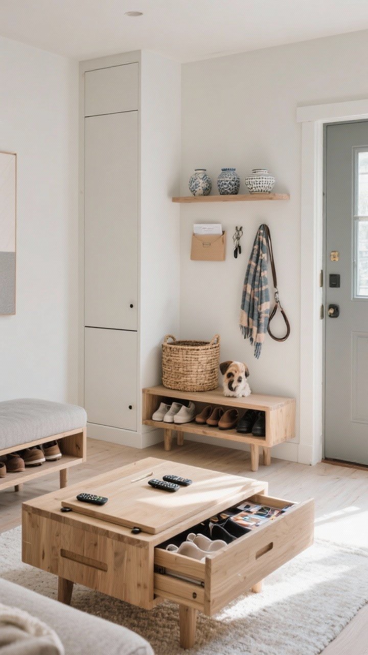 Straight-on medium shot of a compact entry-living zone featuring multitasking furniture: a light oak storage coffee table with a lift-top hiding remotes and magazines, a bench with drawers in the entryway storing shoes and scarves, a slim console with woven baskets acting as a drop zone for keys, mail, and a dog leash; closed cabinetry on the bottom and open shelving up top displaying a few pretty ceramics; tall, narrow cabinet rising vertically to maximize space; neutral palette of white, soft grey, and natural wood with warm morning light.