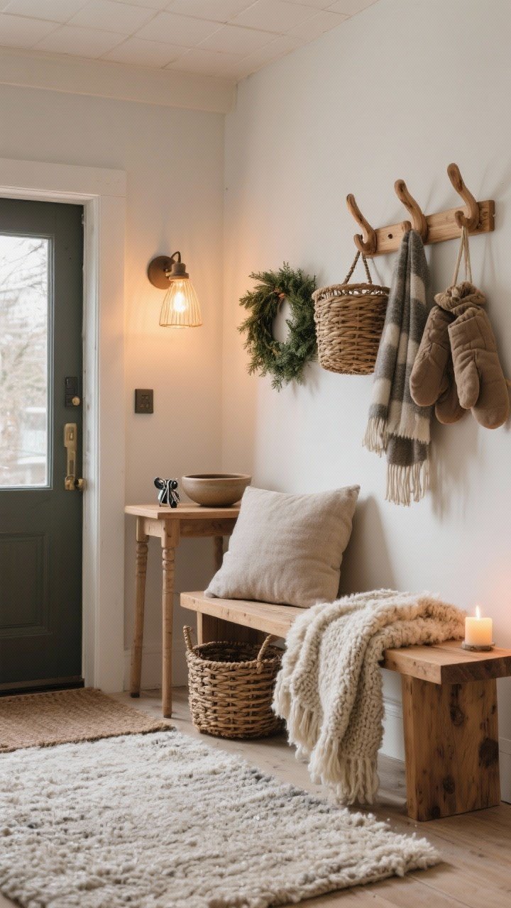 Straight-on medium shot of a hygge entryway: small table lamp or wall sconce with a warm bulb, woven baskets for gloves, a wool rug, natural wooden hooks holding scarves, a mini evergreen wreath, a shallow bowl for keys, and an LED candle for safety; a wood bench topped with a cushion and a draped sheepskin or knit throw; welcoming, soft lighting