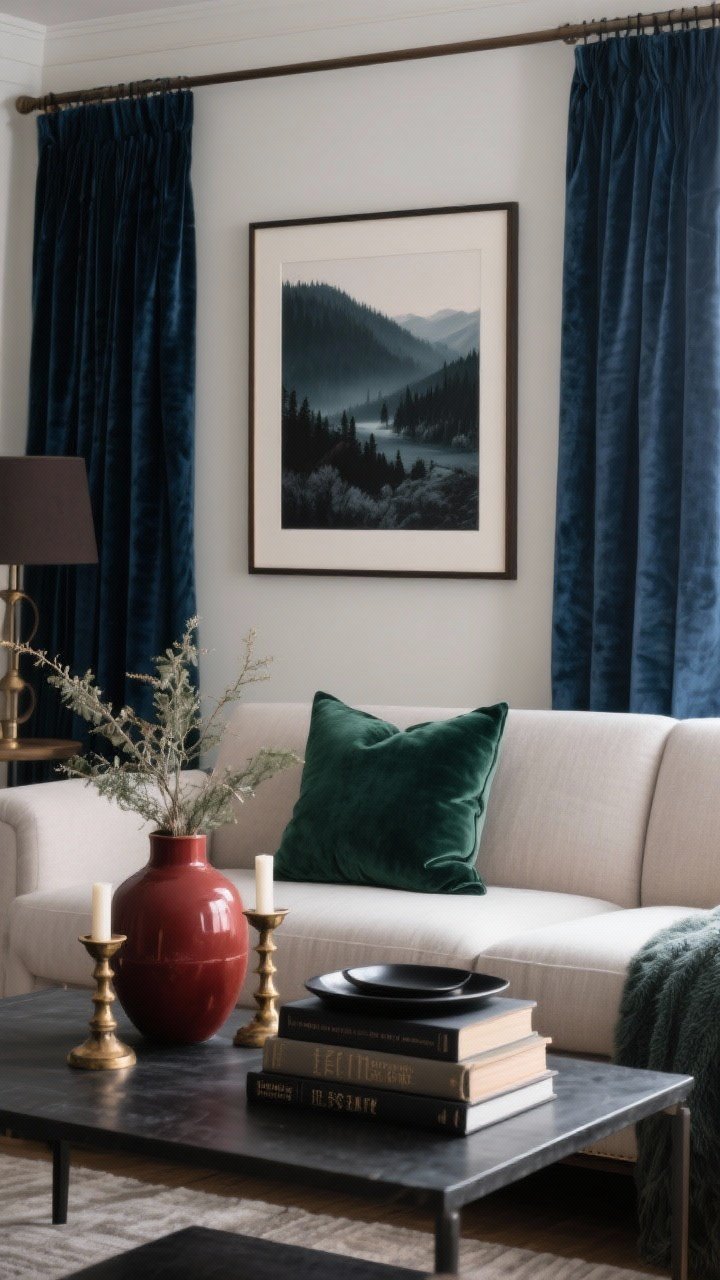 Straight-on medium shot of a living room wall and coffee table: Seasonal swaps for winter mood—art replaced with a moody landscape in deep tones using the same frame; heavier linen or velvet curtain panel in ink blue; one velvet pillow added on the sofa; a coffee table styled with a short stack of hardcovers in dark/neutral spines; aged brass candle holders and a matte black tray; a repeated deep accent color (pine green or oxblood) seen in a vase, pillow, and book spine. Warm, layered lighting, photorealistic.