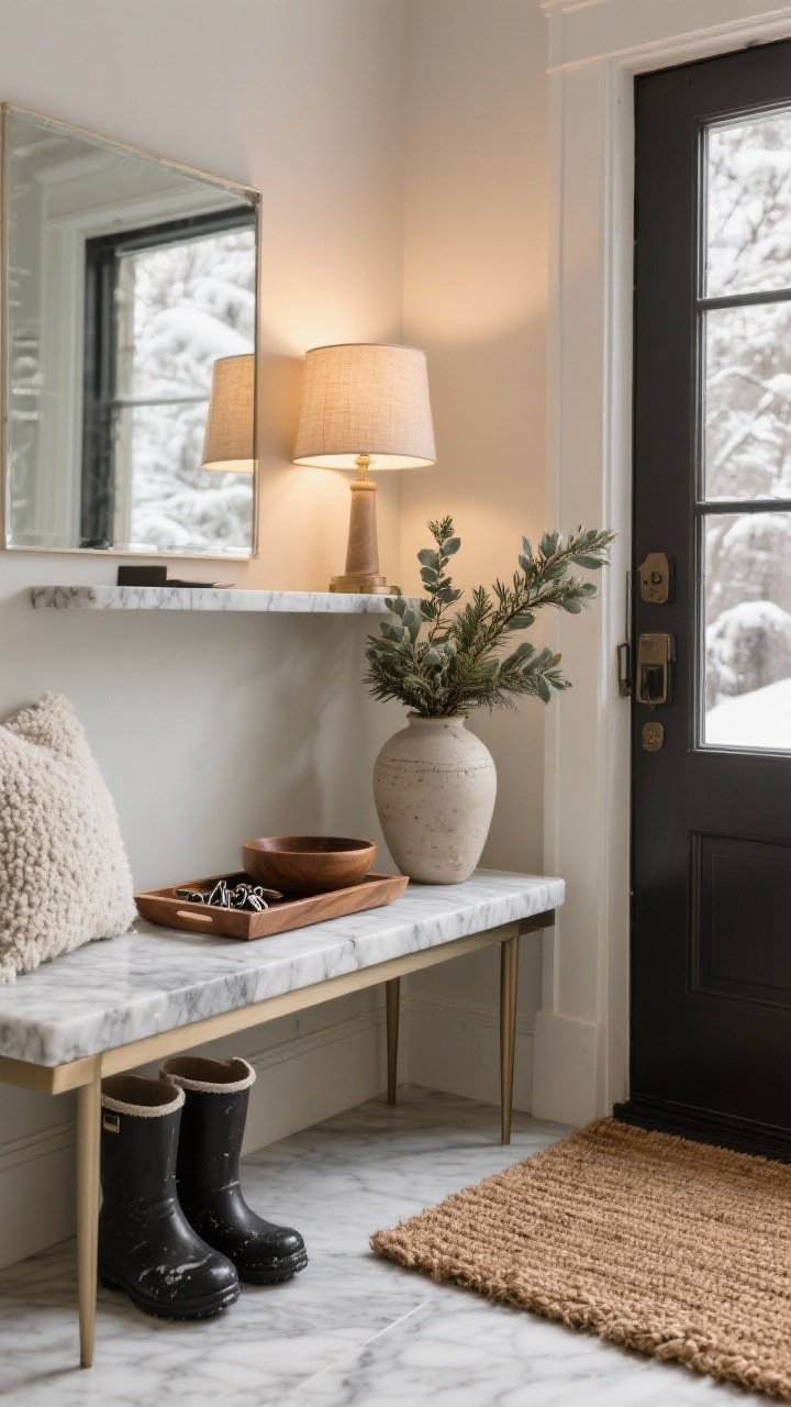 Straight-on medium shot of a luxe winter-ready entryway: stone tray tucked under a slim bench for wet boots, bouclé cushion on the bench, a marble or warm wood bowl for keys on a narrow console, a small lamp with a linen shade casting warm light, and a ceramic vase with cedar or eucalyptus branches; coir doormat visible; practical yet elegant composition