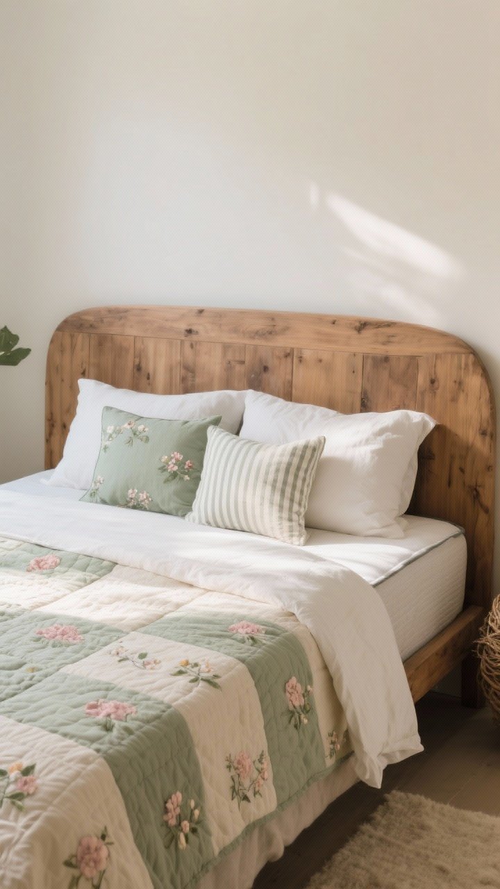 Straight-on medium shot of a nest-like bed: substantial wood headboard, breathable wool or latex mattress topper under linen/percale sheets, a hand-stitched quilt, and a lightweight duvet; pillows layered as two sleeping, two shams, and one small lumbar; small florals mixed with ticking stripes in a restrained palette of sage, cream, and blush; soft morning light, photorealistic.