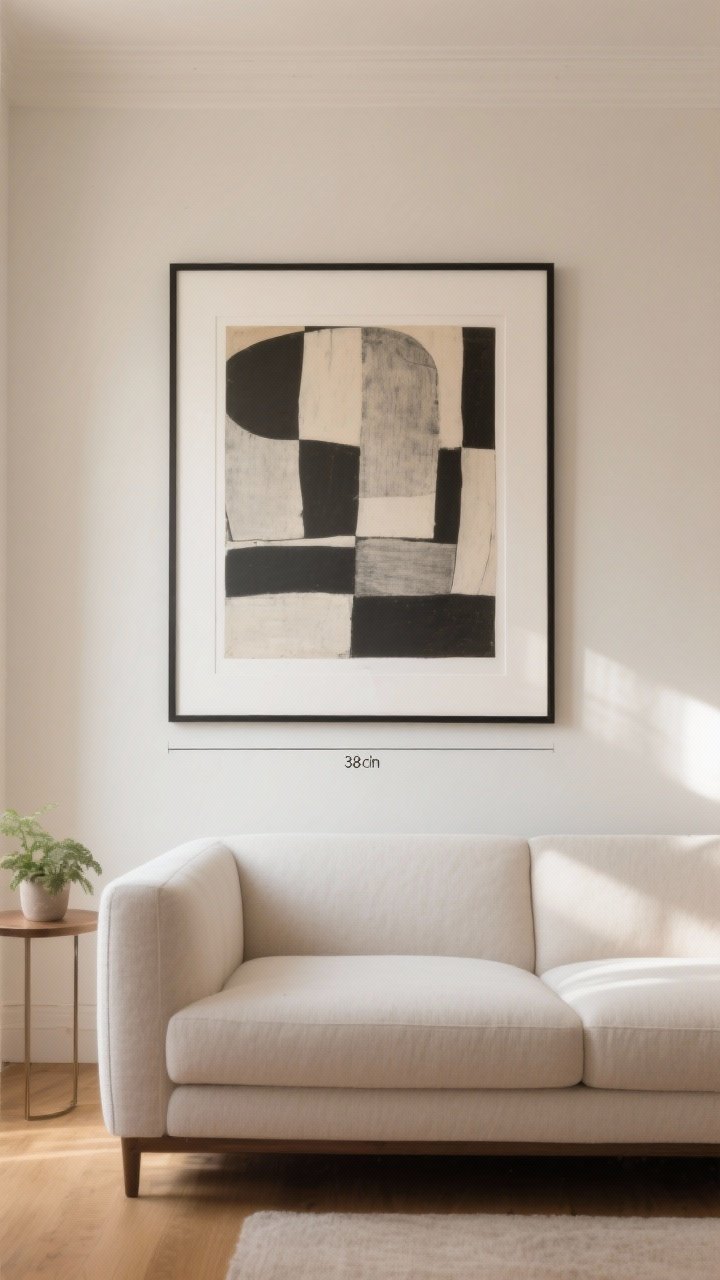 Straight-on medium shot of a sofa wall with properly scaled art: one oversized framed abstract print measuring roughly two-thirds the sofa’s width, centered with the midpoint at 58 inches from the floor; clean white matting for a museum vibe, black slim frame; warm neutral room with soft daylight; optional small side table and plant to ground the scene; spacing clean and minimal.