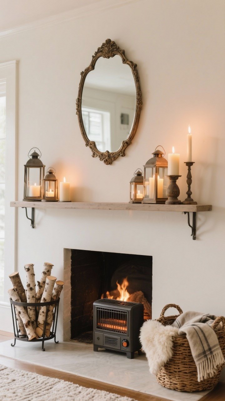 Straight-on medium shot of a styled faux hearth vignette: a simple mantel shelf over a console, iron log holder filled with birch logs, cluster of lanterns with pillar candles at varying heights, antique mirror centered above, and a woven basket stocked with folded throws and a sheepskin; optional compact electric stove-style heater for a believable hearth effect; warm, flickering candlelight mood.