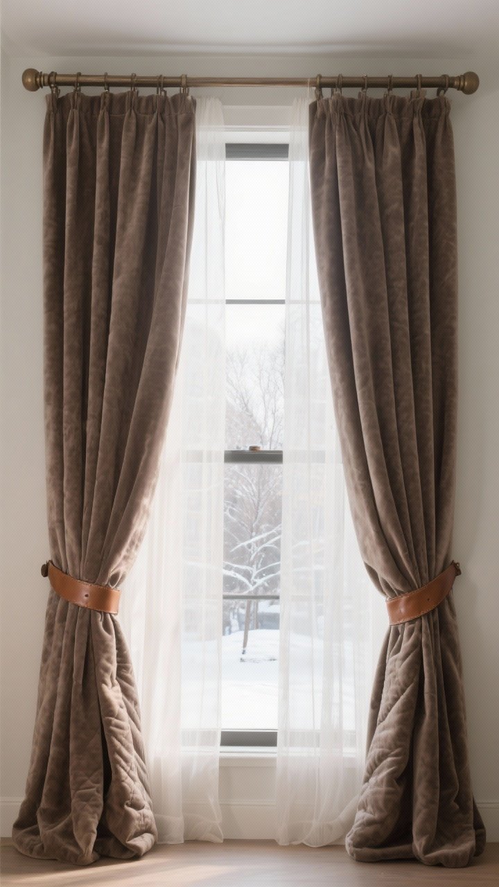 Straight-on medium shot of a window dressed for warmth: double-layered curtains with sheer panels closest to the glass and rich velvet drapes in taupe hung high and wide (rods mounted 8 inches above, extending beyond the frame); leather strap tie-backs creating soft folds; visible thermal lining and a subtle winter view beyond, afternoon light softened, photorealistic.