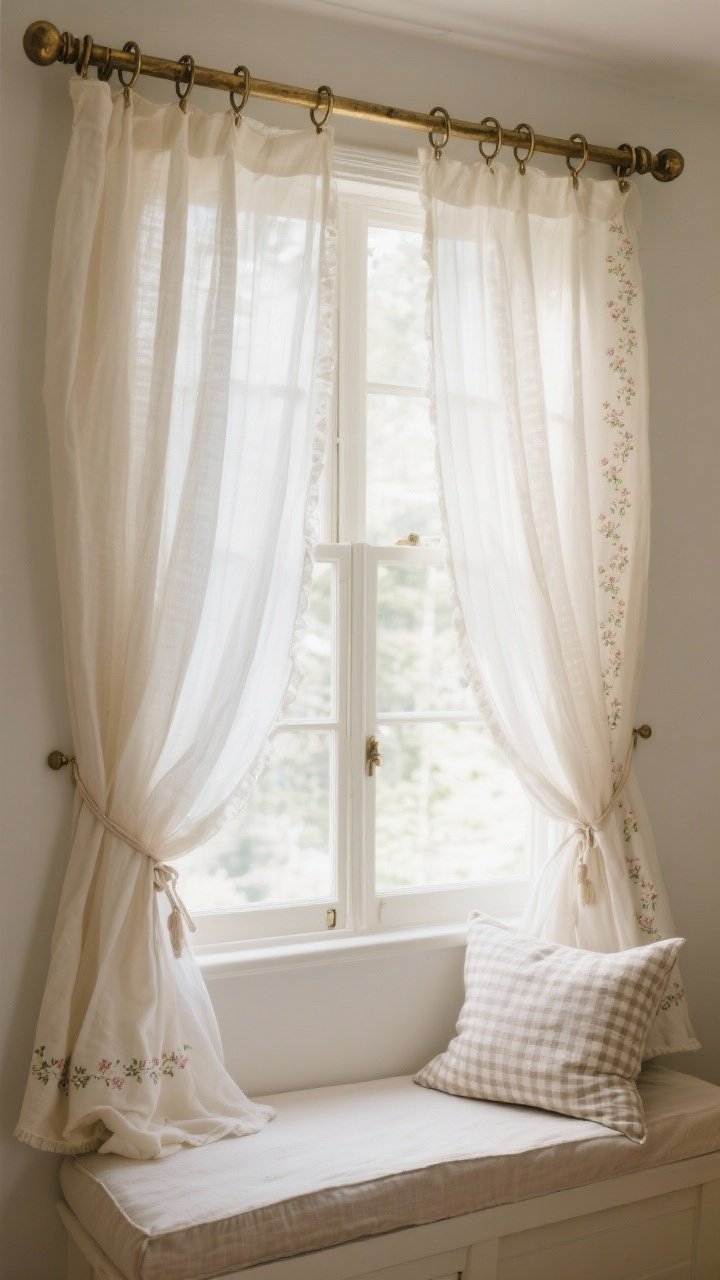 Straight-on medium shot of a window dressed in breezy layers: white/ivory voile sheers closest to the glass, soft natural linen panels with relaxed tie-backs and slightly puddled hems; delicate tiny floral pattern banding on one panel, subtle gingham cushion on the window bench; antique brass curtain rod with clip rings; daylight filtering through for a romantic, airy glow.