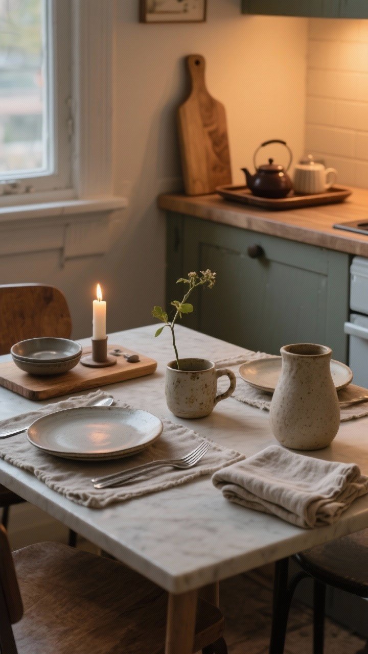 Straight-on medium shot of an everyday ritual-ready dining setup on a small table: layered linen placemats, ceramic plates, a slightly wonky handmade mug and plate adding character, a tiny bud vase with a single stem, cloth napkins casually folded; warm serveware accents including a wood board, matte flatware, and a stoneware pitcher; a single candle lit to set the tone; in a tiny kitchen corner, a tray-based tea/cocoa station visible on a side counter; warm, intimate evening light; photorealistic.