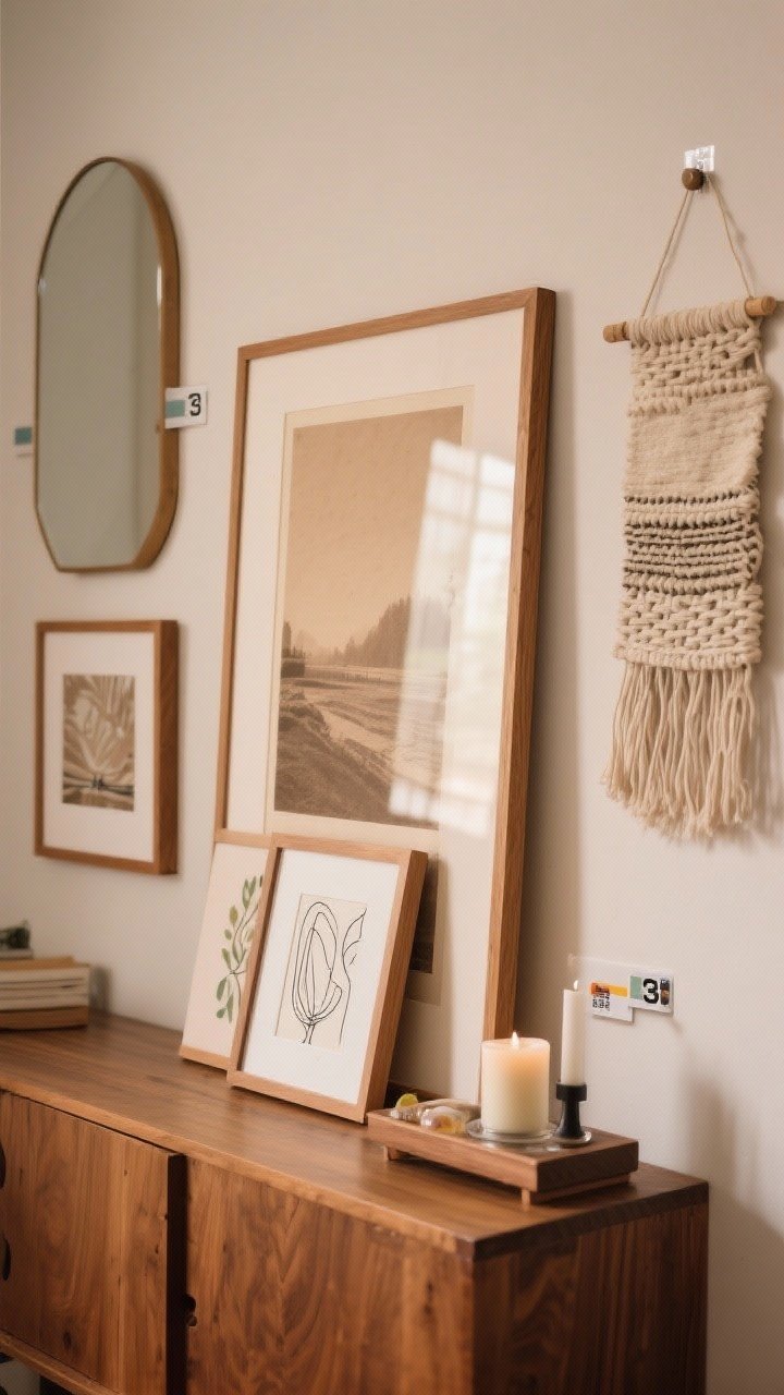 Straight-on medium shot of renter-safe art display: oversized framed sepia print leaning on a console with warm wood tones, a smaller line-art frame layered in front, a Command-mounted picture ledge holding rotating art and a candle, and woven wall hangings attached with 3M strips and hooks. Include a lightweight mirror also mounted with strips. Unified palette of warm wood frames, sepia prints, and neutral textiles for hygge harmony. Soft ambient light, no people, photorealistic.