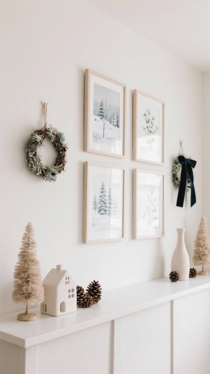 Straight-on medium shot of simplified seasonal wall art: a grid of frames swapped to wintery botanical prints and snowy landscapes in muted tones, two small wreaths hung at different lengths with velvet ribbon, and a refreshed shelf below with ceramic houses, pinecones, and neutral bottlebrush trees; plenty of negative space; gentle natural light