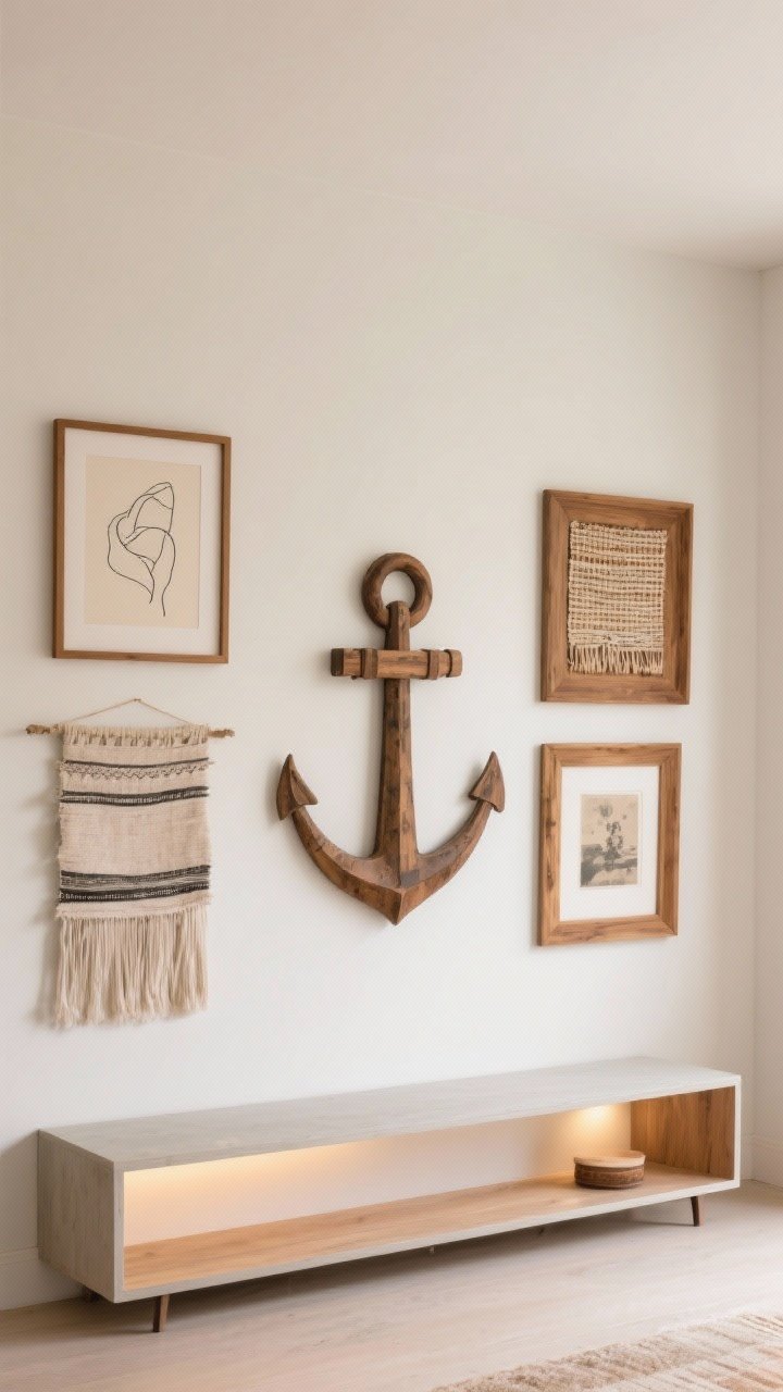 Straight-on view of a curated boho gallery wall that feels calm, not cluttered: one large anchor artwork centered, surrounded by 3–4 smaller pieces including a framed line drawing, a textile piece, a small woven wall hanging, and a print; frames unified in warm wood tones for consistency, generous negative space between pieces; a slim console beneath with mixed neutrals, soft indirect lighting, photorealistic, no people.