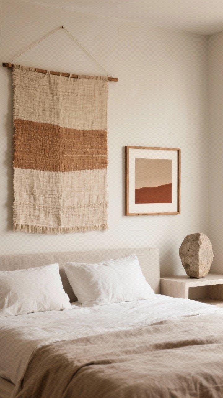 Straight-on view of the wall above the bed featuring soft, earthy art: a single large linen tapestry in sand and clay tones with tactile weave, flanked subtly by a minimal abstract print with neutral gradients in cocoa and rust, framed in natural wood; organic sculptural stone form on a nearby shelf; frames simple, palette quiet, warm diffused light, photorealistic, calming mood.