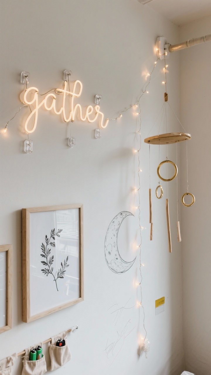 Straight-on wall view of an artful fairy light installation: flexible wire-style lights forming the word “gather” in flowing script, anchored with tiny clear Command hooks; nearby, a botanical silhouette of moon phases traced with a separate micro-LED strand; a hanging mobile composed of brass rings and slim sticks with trailing lights suspended in front; painter’s tape sketch marks faintly suggested beneath, battery packs hidden in small fabric pouches behind frames; playful, personal, photorealistic.