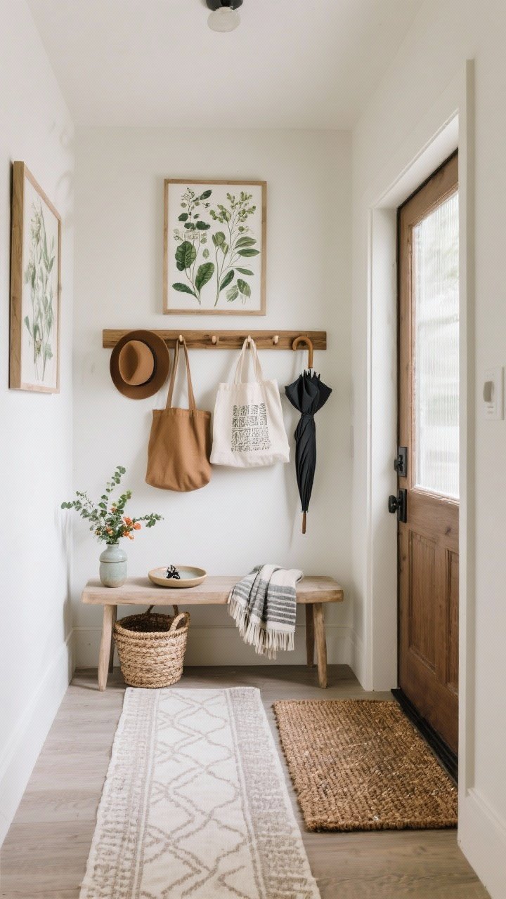 Straight-on wide shot of a nature-inspired entryway: wall-length wood peg rail holding hats, totes, and an umbrella; botanical art above a small bench; woven doormat and a runner with a soft, subtle pattern leading inward; a basket for scarves and a ceramic tray for keys on the bench; a tiny vase with seasonal greens; lightly scented, calm atmosphere
