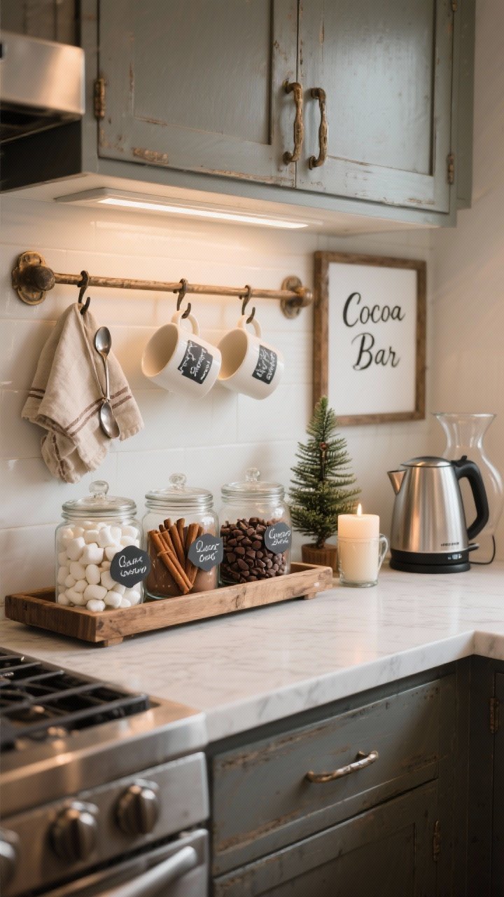 Three-quarter kitchen shot of a rustic hot cocoa bar: a wooden tray defines the zone on a counter; glass jars filled with cocoa mix, marshmallows, crushed peppermint, cinnamon sticks, and chocolate chips—each labeled with chalk tags. Mugs hang on hooks with a folded linen napkin and bundled spoon. Decor includes a mini pine, a candle, and a framed “Cocoa Bar” print. An electric kettle and a small carafe for self-serve. Warm metal accents and cozy ambient lighting, photorealistic.