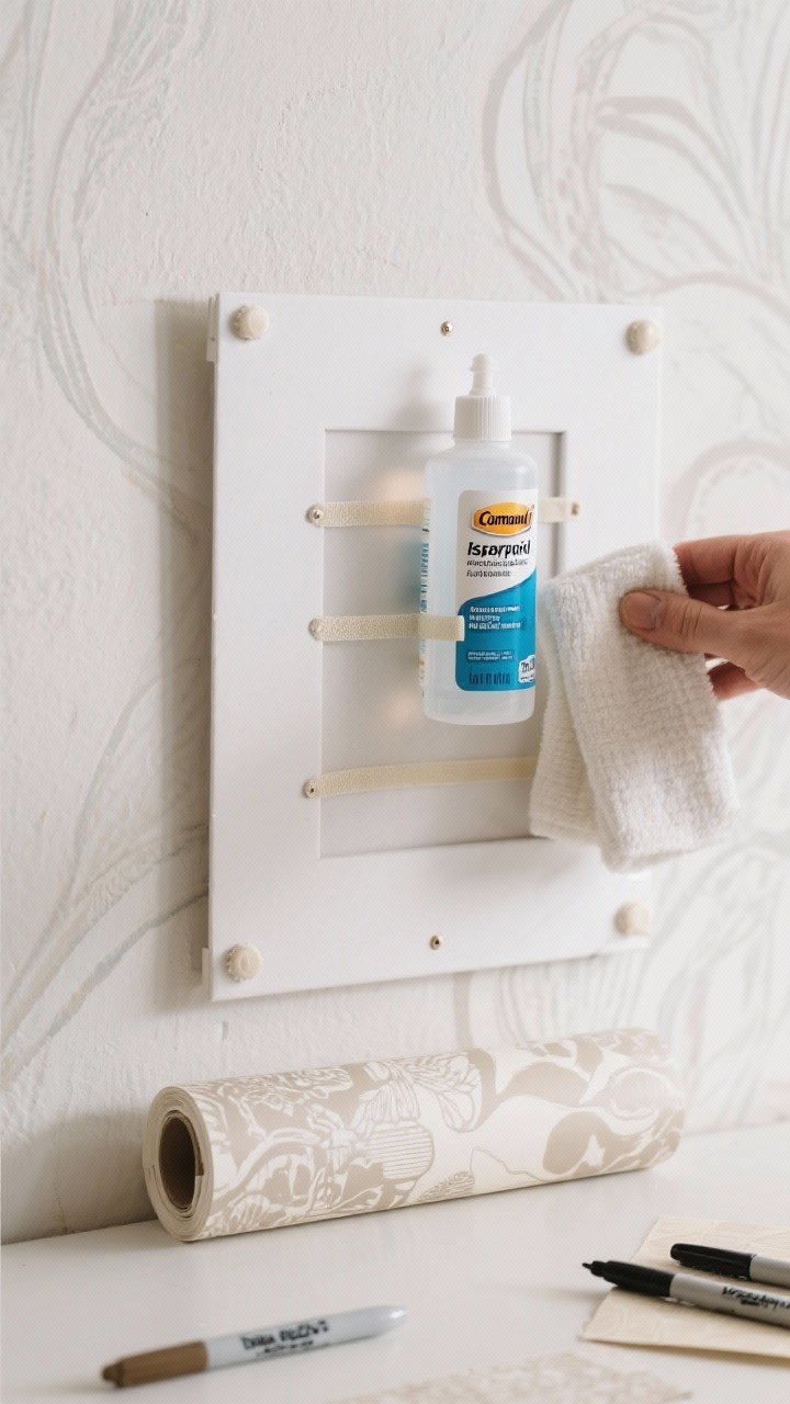 Tight detail closeup of damage-free hanging steps: a hand-cleaned white wall still life showing a bottle of isopropyl alcohol and lint-free cloth, labeled Command/Velcro strips sized for weight ratings, a frame back with Velcro strips applied, tiny dots of poster putty on bottom corners, and a rolled peel-and-stick wallpaper panel with a subtle mural pattern in the background; include touch-up paint pens in neutral tones; soft, controlled light highlighting textures and materials.