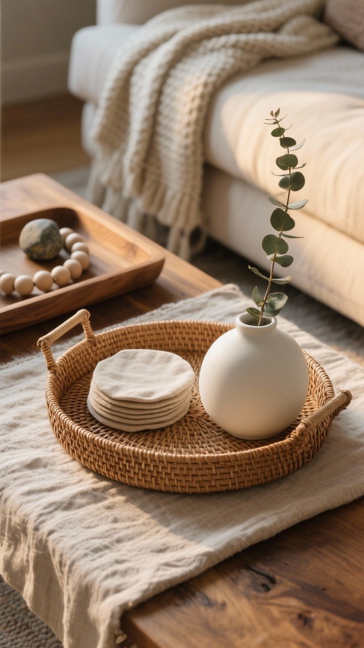 Tight detail closeup of layered textures on the coffee table: a rattan tray holding a linen coaster set and a matte white ceramic vase; add a single eucalyptus stem for life. In the background edge, hint at a knit throw and stone beads draped across a wood tray corner. Soft, diffused golden-hour light rakes across surfaces to highlight tactile contrasts—woven rattan, slub linen, velvety matte ceramic, and warm wood grain. Hygge mood: organic, touchable, calm.