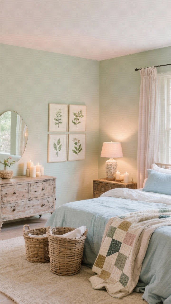 Wide atmospheric room shot evoking the conclusion’s ethos: layered natural materials and textures throughout—linen bedding, wicker baskets, antique wood dresser, soft lighting with lamps and candles, botanical prints on the wall; a single corner highlighted with a quilt and lamp creating a retreat feel; muted palette in sage, blush, buttercream, dusty blue; overall photorealistic ease, softness, and intention