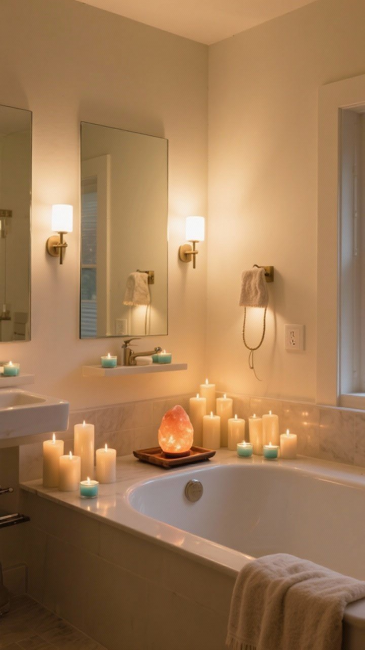 Wide bathroom view emphasizing layered lighting: wall painted soft cream, dimmable warm white bulbs (2700–3000K) in side-mounted vanity sconces at face level flanking a mirror for flattering illumination; clusters of candles—tealights, staggered pillars, and one sculptural statement candle—around the tub and on a tray; a small glowing salt lamp on a shelf for night spa mode; optional plug-in fabric-cord wall sconce near a corner providing gentle ambient light; overall cozy, low, golden glow with shadows softened; photorealistic, no people.