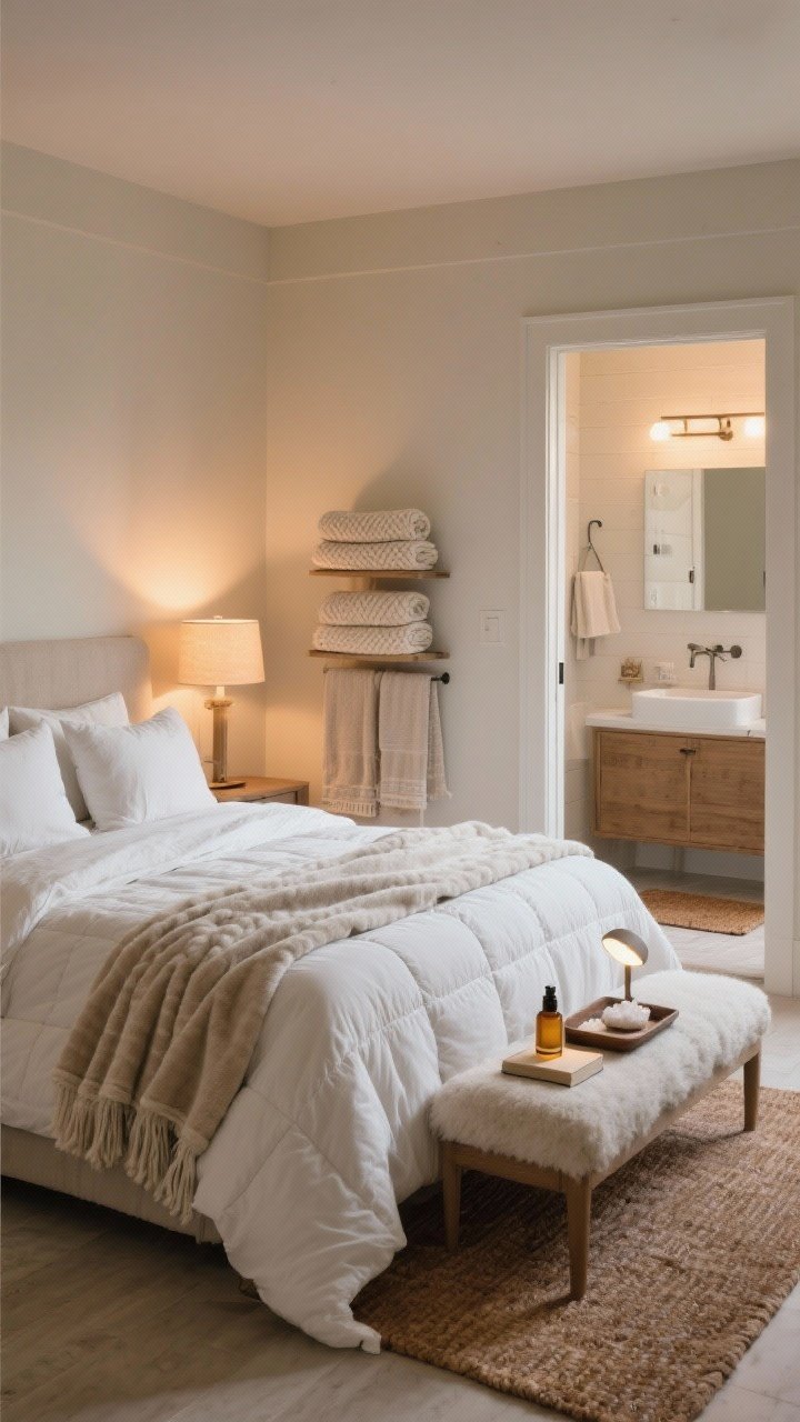 Wide bedroom and bath split-scene: Bedroom foreground shows winterized bed with flannel or percale sheets in soft white, a quilt layered under a fluffy duvet, and a weighted throw neatly placed at the foot; two pillows per sleeper—one supportive, one soft; warm lamp lighting at 2700K. In an adjacent open door view, a boutique-feel bath displays neatly stacked Turkish or waffle towels in soft neutrals (two per person), a small cork bath mat or cozy rug, and an evening spa tray with Epsom salts, a body oil bottle, and a compact book light; overall tone serene and tactile.