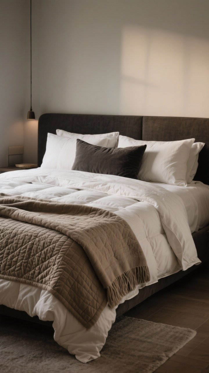 Wide bedroom, cocooned: layered bed with crisp cotton or linen sheets, a lofty down-alternative duvet, topped with a quilt/coverlet and a throw at the foot; pillow stack of two euros, two standards, and a lumbar; choose either a dark, moody duvet or warm neutral quilt as the hero; low, cozy lighting and tactile finishes that invite lingering.