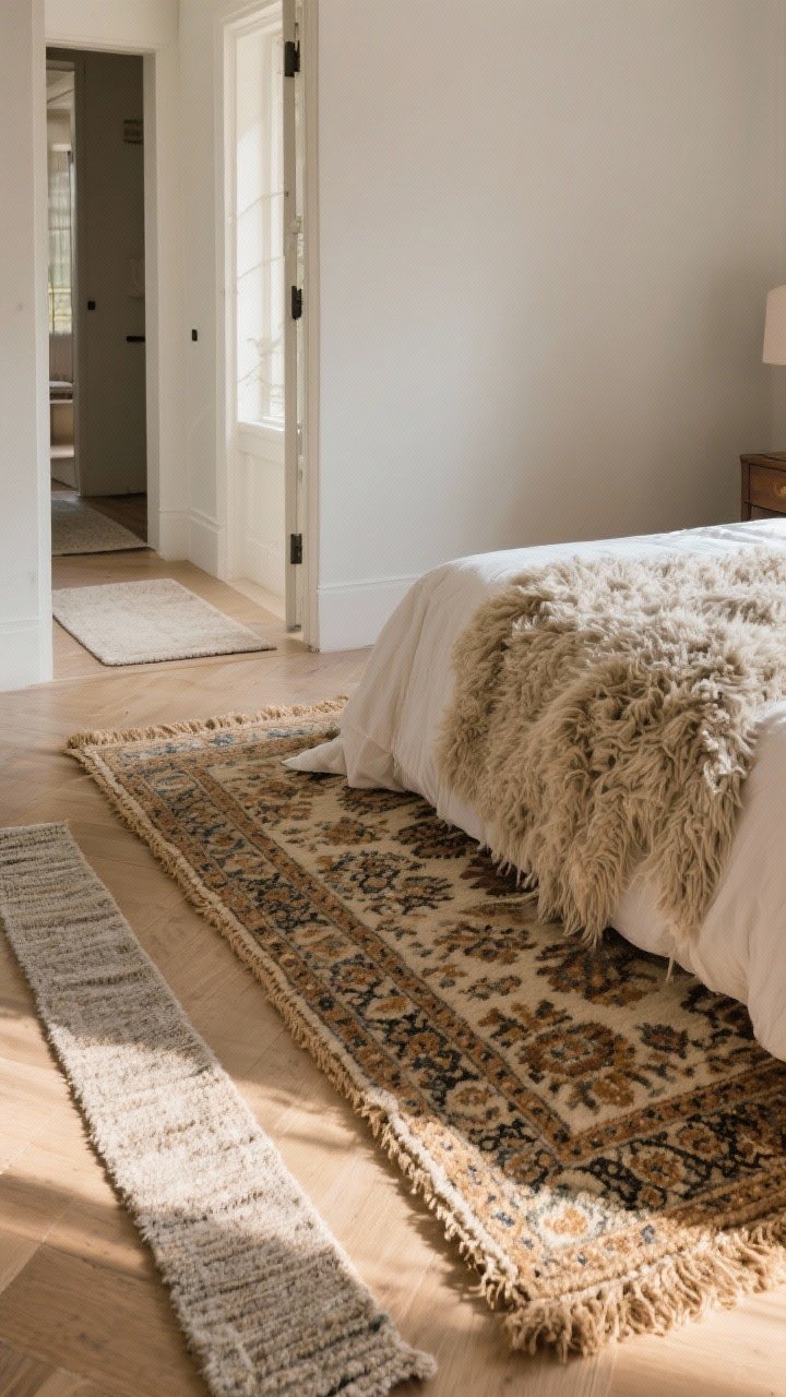 Wide bedroom floor perspective: layered rugs with a natural jute base and a patterned, vintage-style wool rug atop; the bed partially rests on a high-pile shag area rug that peeks out generously; washable runner visible in the doorway hinting toward the hall; discreet rug pads give plush lift; warm light slanting across the fibers for tactile depth.