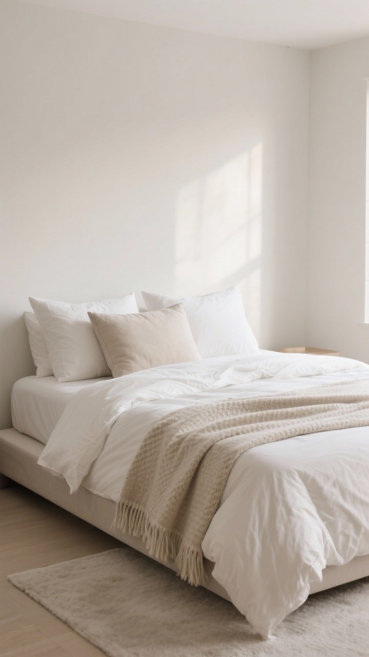 Wide bedroom shot: Minimal winter bedding with hotel calm—oat linen duvet on a simple platform bed, oversized down insert for generous drape, a textured blanket neatly folded at the foot, and pillows limited to two euro shams, two standard pillows, plus a slim lumbar; monochrome palette in warm whites and oats, clean lines, soft morning light, photorealistic.