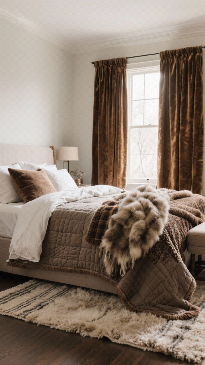 Wide bedroom shot: seasonal textile swap showcased—flannel or percale sheets with a quilt plus duvet combo on the bed; thicker wool or shag rug layered over a flatweave with a visible rug pad edge hinting at extra cushioning; velvet or cotton twill curtains framing the window to trap heat; additional wool and faux fur throws within reach; warm indoor light, winter-weight materials emphasized.