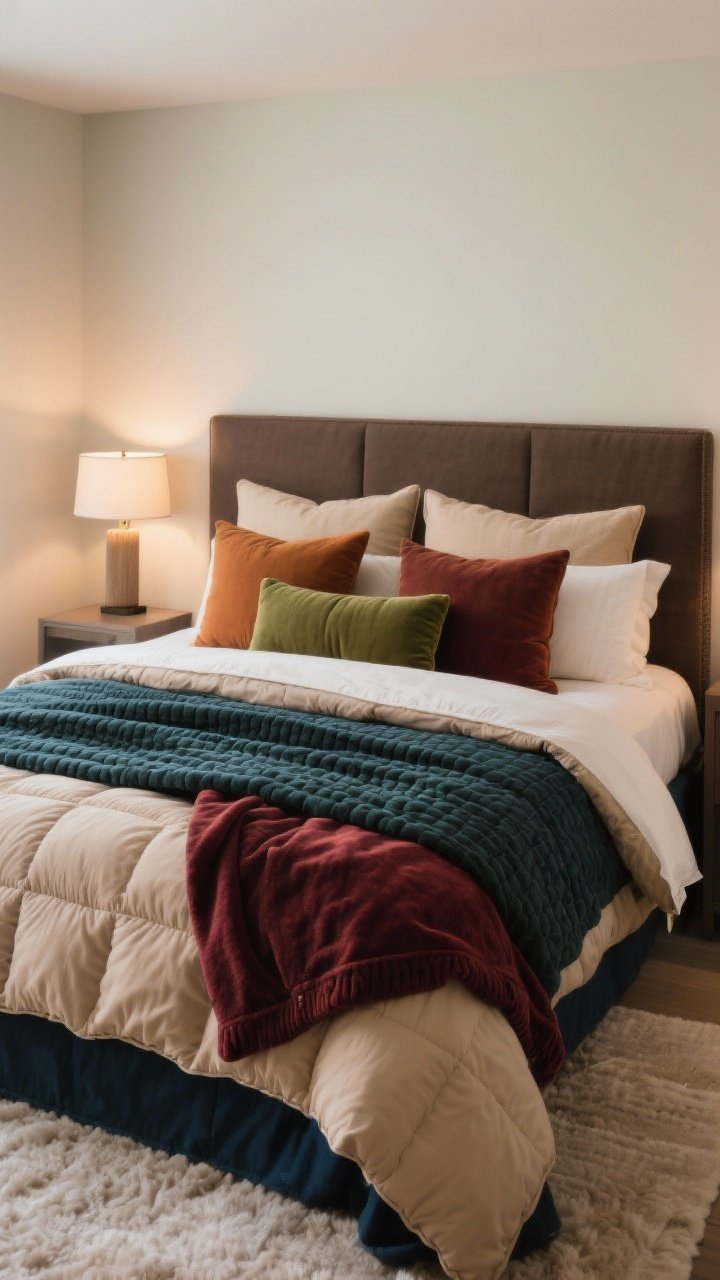 Wide bedroom shot: winter bedding layers in warm neutrals (oatmeal, caramel, deep taupe) with rich accents (forest green, oxblood, navy). Flannel sheets peek from under a down duvet; a textured quilt is folded at the foot. Pillows arranged with euro shams, standard pillows, and a bolster for structure. Soft bedside lamp glow, hotel-level cozy.