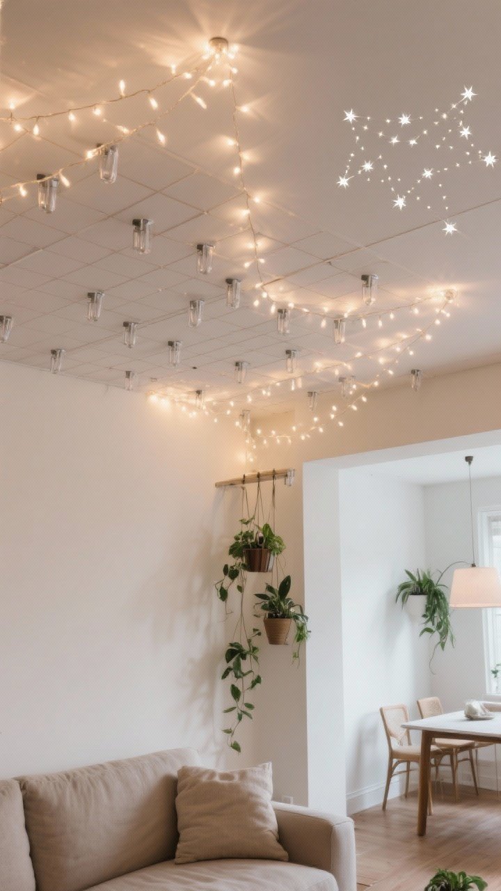 Wide ceiling-focused living room scene showing fairy lights as the primary overhead glow: warm white LEDs arranged in a zigzag pattern with clear Command hooks, plus a secondary grid section toward the dining corner; include a few plants suspended between grid lines for texture; an optional constellation cluster in one area mimicking star patterns; neutral walls, matte white ceiling, subtle shadows, rental-friendly hardware visible on close inspection; gentle, even ambiance.