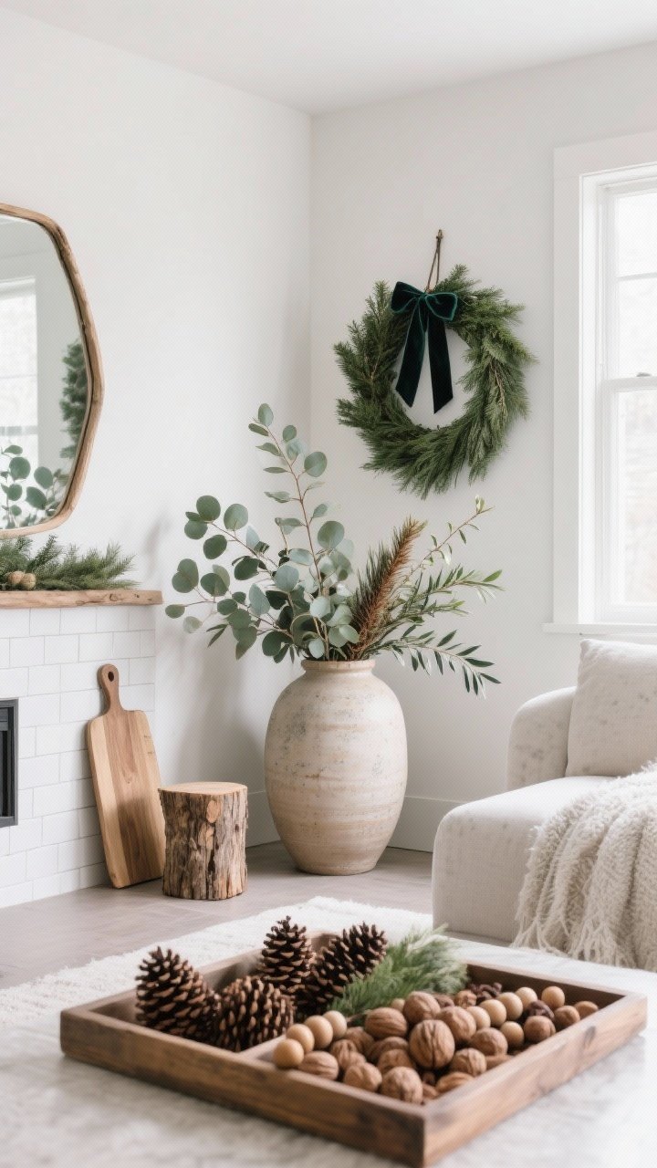 Wide corner angle: Nature-forward winter accents in a living space—an oversized ceramic vase holding eucalyptus, cedar, and olive branches; a low wooden tray filled with pinecones, walnuts, and wood beads; a simple evergreen wreath with a velvet ribbon hanging on an interior mirror; raw wood accents including a small stump stool and a cutting board leaning against a backsplash. Clean, minimal styling with low-shed greenery, soft natural daylight, photorealistic.