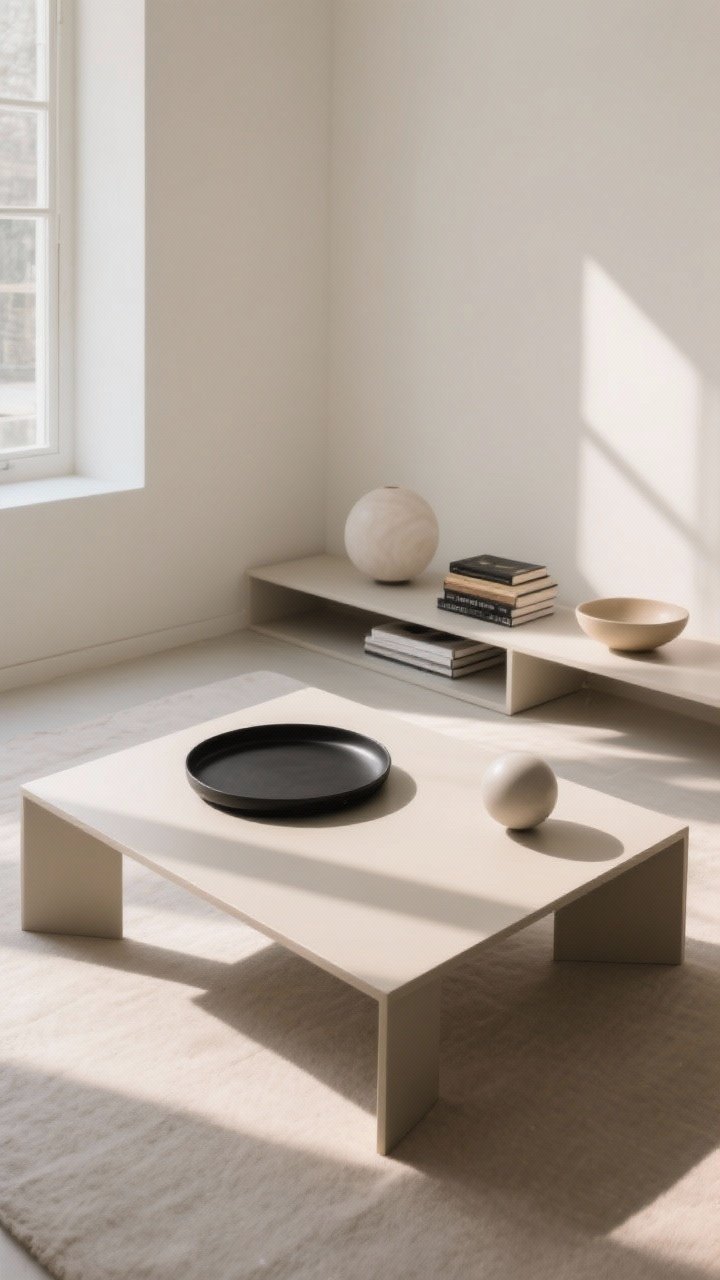 Wide corner-angle shot showcasing shape play and negative space: a rectangular coffee table styled with a round black tray shifted off-center, paired with a low horizontal book stack on the opposite side for asymmetrical balance. Curvy accents—round bowl and bubble-shaped object—contrast the table’s straight lines. Leave roughly one-third of the tabletop empty as calm negative space. Quiet, natural daylight; minimal palette with soft edges and pleasing shadow play.