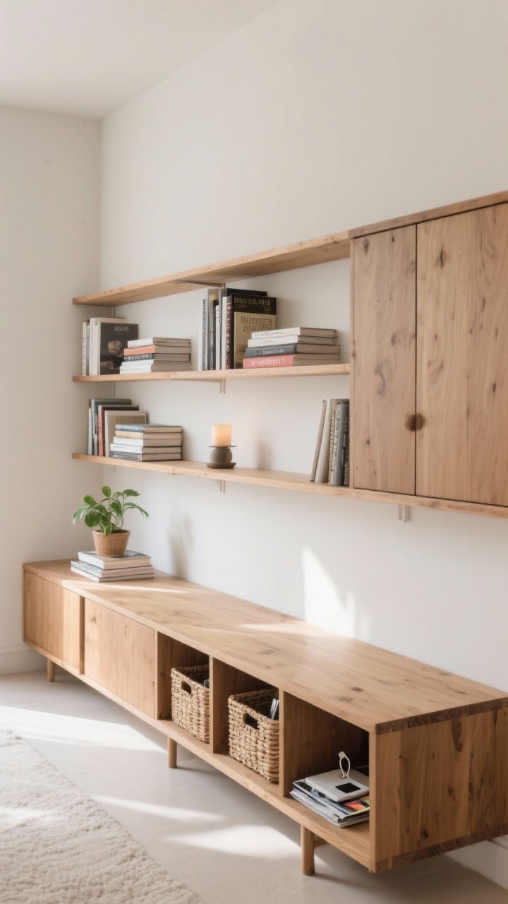 Wide corner shot of a bookshelf moment: a low, long natural-wood bookcase spanning a small wall, mixing open shelves and sections with closed cabinet doors; open shelves display select hardcovers, a few stacks of horizontally placed books acting as pedestals for a small plant and candle; baskets neatly corral magazines and chargers in lower cubbies. Composition follows rule of thirds on each shelf: books, an object, and negative breathing room. Lighting is soft ambient daylight with gentle shadows, airy vibe, photorealistic.