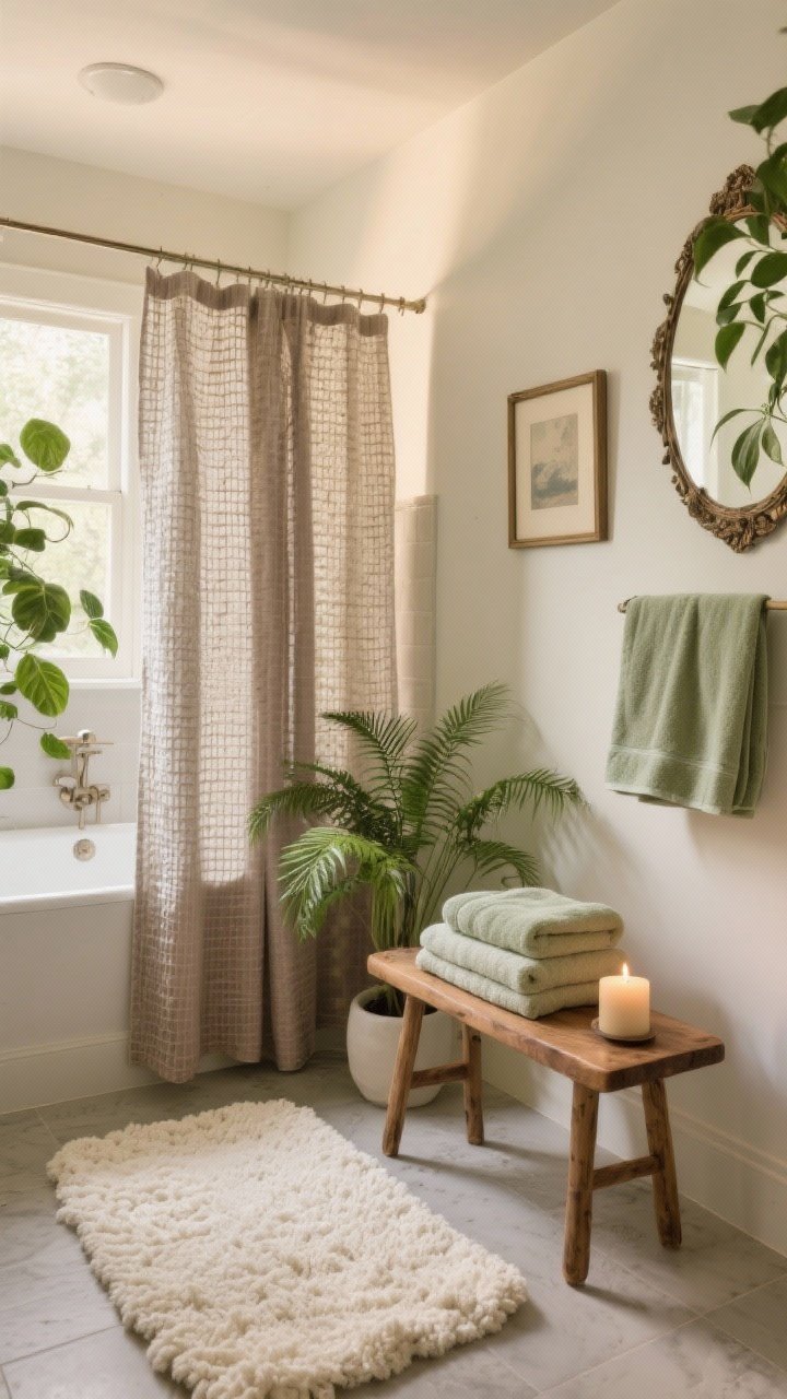 Wide corner view finishing with cozy layers and greenery: thick cotton chenille bath mat in cream, a double-layer shower curtain with a textured waffle fabric outer and liner, a teak stool/bench holding folded towels and a candle; low-light plants (pothos and fern) thriving near the tub; color story of cream and taupe with a sage accent repeated in towels and accessories; optional single framed print or vintage mirror tying it together; warm ambient light with gentle highlights on textures; photorealistic, no people.