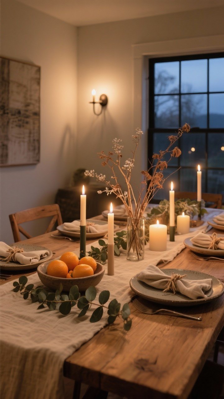 Wide dining room scene at dusk: a natural wood table with a warm neutral linen runner, stoneware plates, linen napkins tied with twine and a clipped eucalyptus sprig; mixed-height taper and pillar candles (battery-operated) for moody glow; low centerpiece of dried stems and a bowl of winter citrus; cozy, intimate candlelight complemented by soft wall sconces, no people