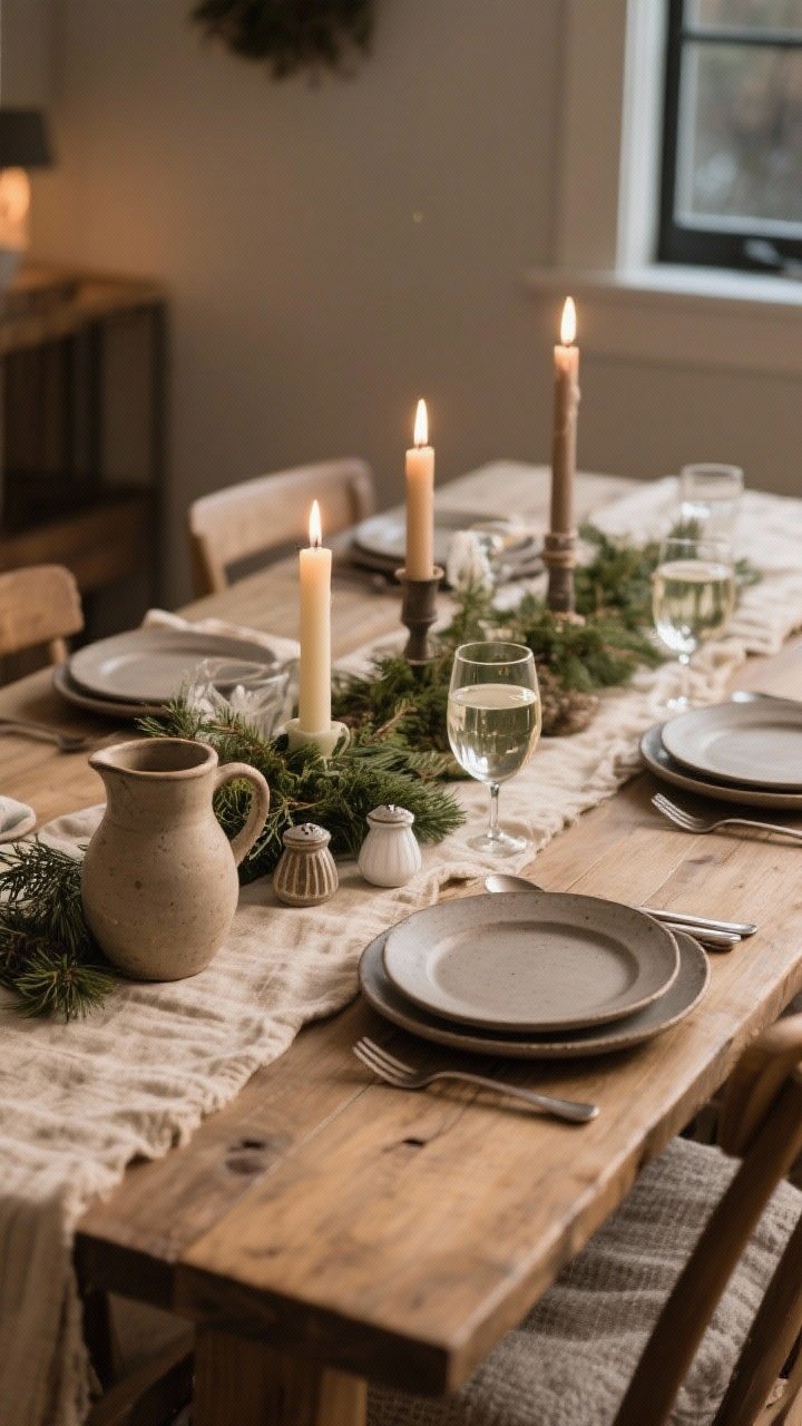 Wide dining table scene set for everyday winter use: natural linen runner in oat or mushroom, low greenery centerpiece or a trio of mixed-height candles, stoneware plates, matte flatware, textured napkins, and small salt cellars alongside a ceramic pitcher for water or wine; warm evening light, unfussy but polished arrangement designed to stay out for weeks