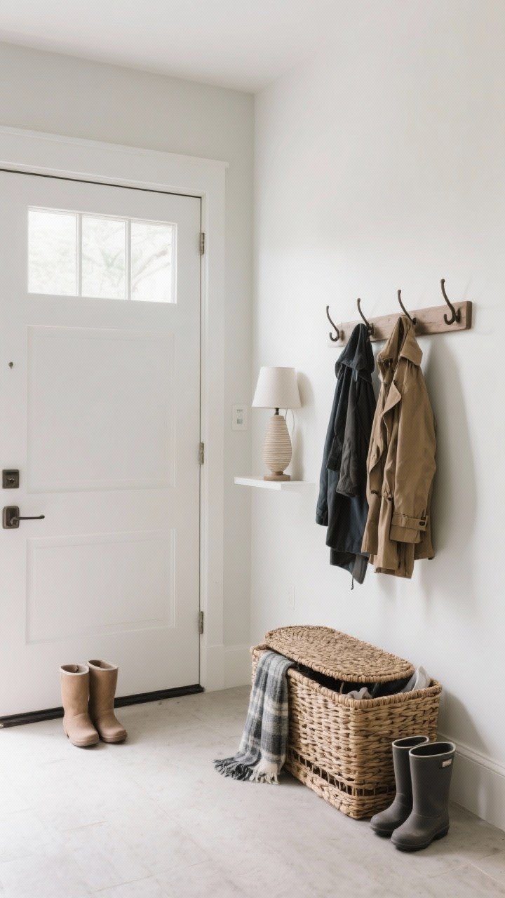 Wide entryway shot: edited and curated space with a minimalist approach—boot tray by the door, a woven lidded basket for scarves and clutter control, wall hooks holding a couple of coats; surfaces hold only 1–2 decor pieces (a lamp plus one simple vignette); summer decor absent; calm, organized, visually quiet, photorealistic.
