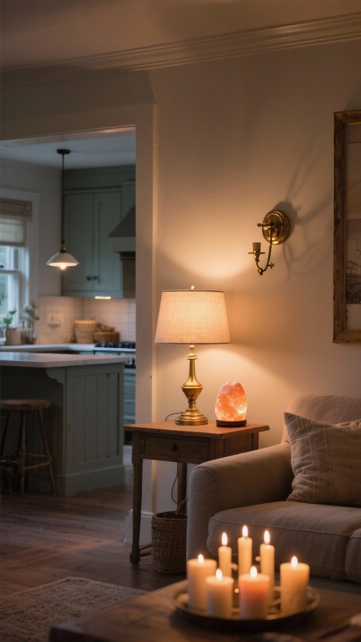 Wide evening living room shot with layered lighting: table lamp on a side table, a brass wall sconce, and a tiny lamp on the kitchen counter in background; 2700K warm bulbs casting a soft glow; candles (a cluster of real or LED) and a small salt lamp adding ambient warmth; dimmer-softened overall brightness, inviting cottagecore mood