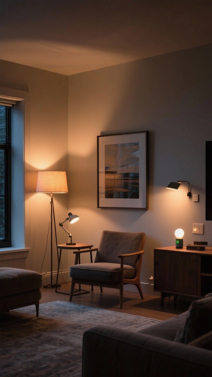 Wide evening shot of a living room “glow zone” with layered lighting: ambient floor lamp with a warm 2700K LED bulb, task table lamp by a reading chair, and an art picture light illuminating a framed piece; a small rechargeable lamp on a cabinet as an accent; dim, cozy atmosphere with visible dimmers/smart-bulb warmth; corner angle showing all layers working together
