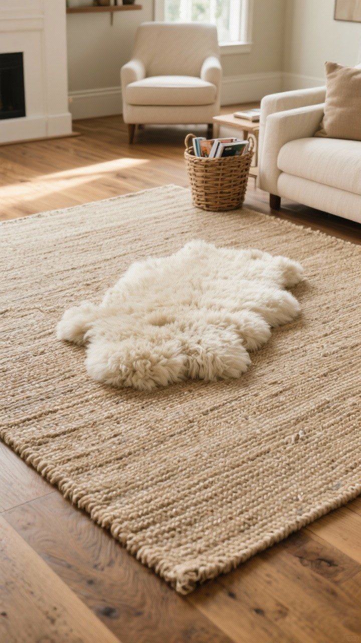 Wide living room floor composition: layered rugs over hardwood—large neutral jute/flatweave base with a smaller plush wool rug (sheepskin or shag) centered near a seating area. Color family kept consistent (oatmeal and cream). Include a visible rug pad edge for realism. Ambient warm light, basket with magazines nearby.